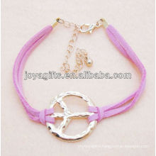 Pink leather bracelet with peace symbol alloy